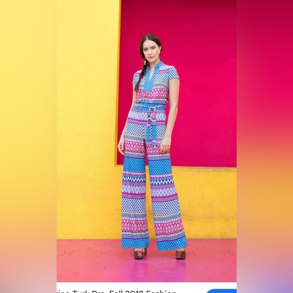 Trina Turk multicolored short-sleeved jumpsuit geometric design belted sz M